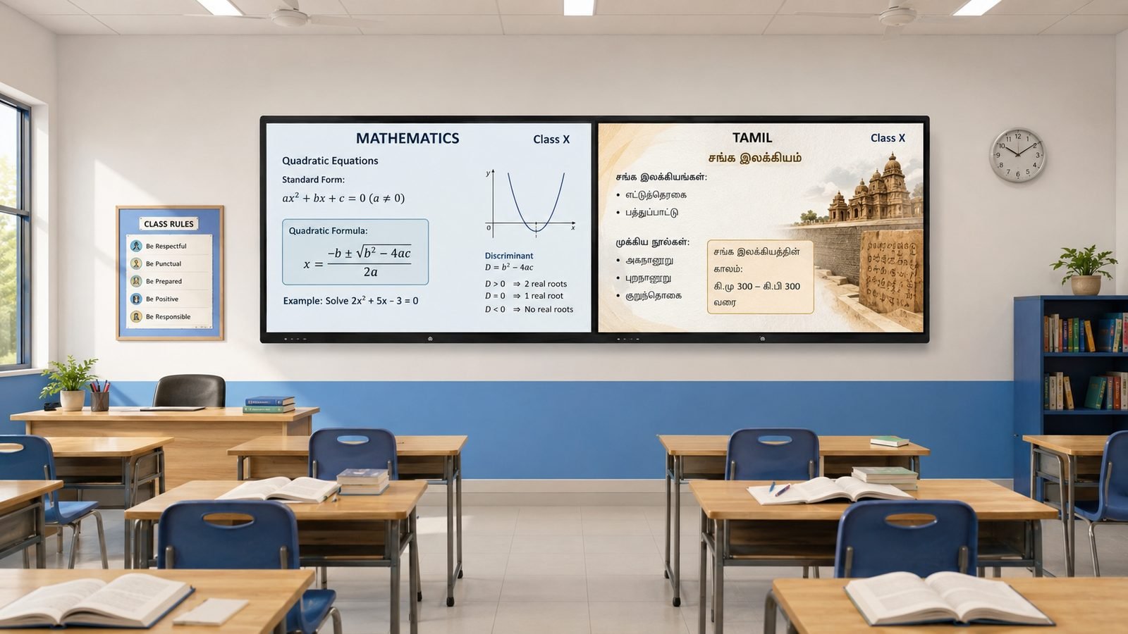Interactive whiteboard panels in a classroom